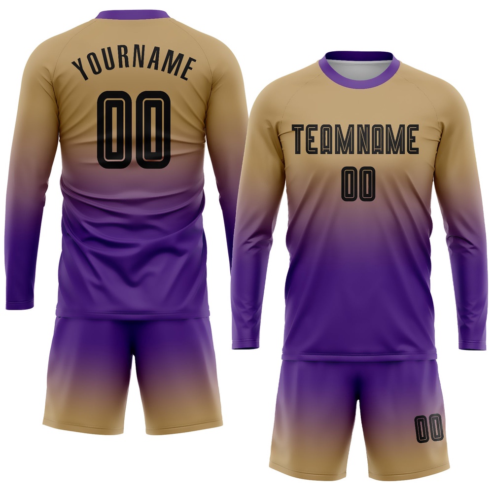 Old Gold Black Purple Sublimation Long Sleeve Fade Fashion Soccer Uniform Jersey, Custom Team Soccer Jersey Shirt Old Gold Black Purple Sublimation Long Sleeve Fade Fashion Soccer Uniform Jersey, Custom Team Soccer Jersey Shirt