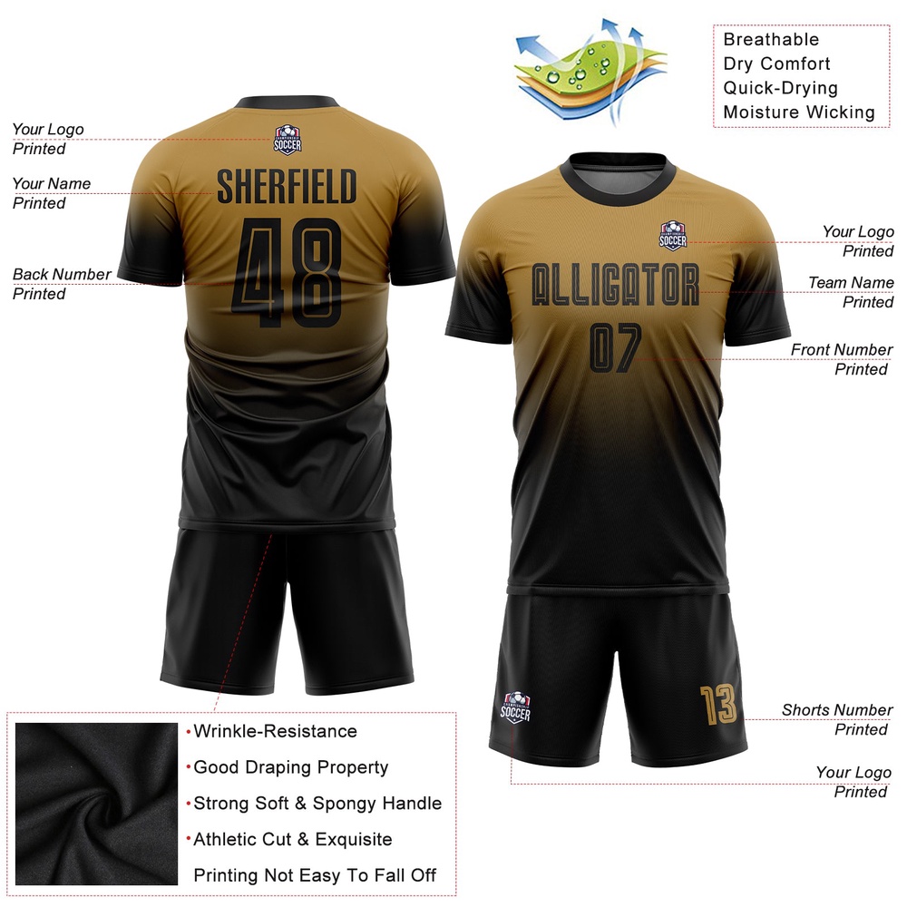 Old Gold Black Sublimation Fade Fashion Soccer Uniform Jersey, Custom Team Soccer Jersey Shirt Old Gold Black Sublimation Fade Fashion Soccer Uniform Jersey, Custom Team Soccer Jersey Shirt