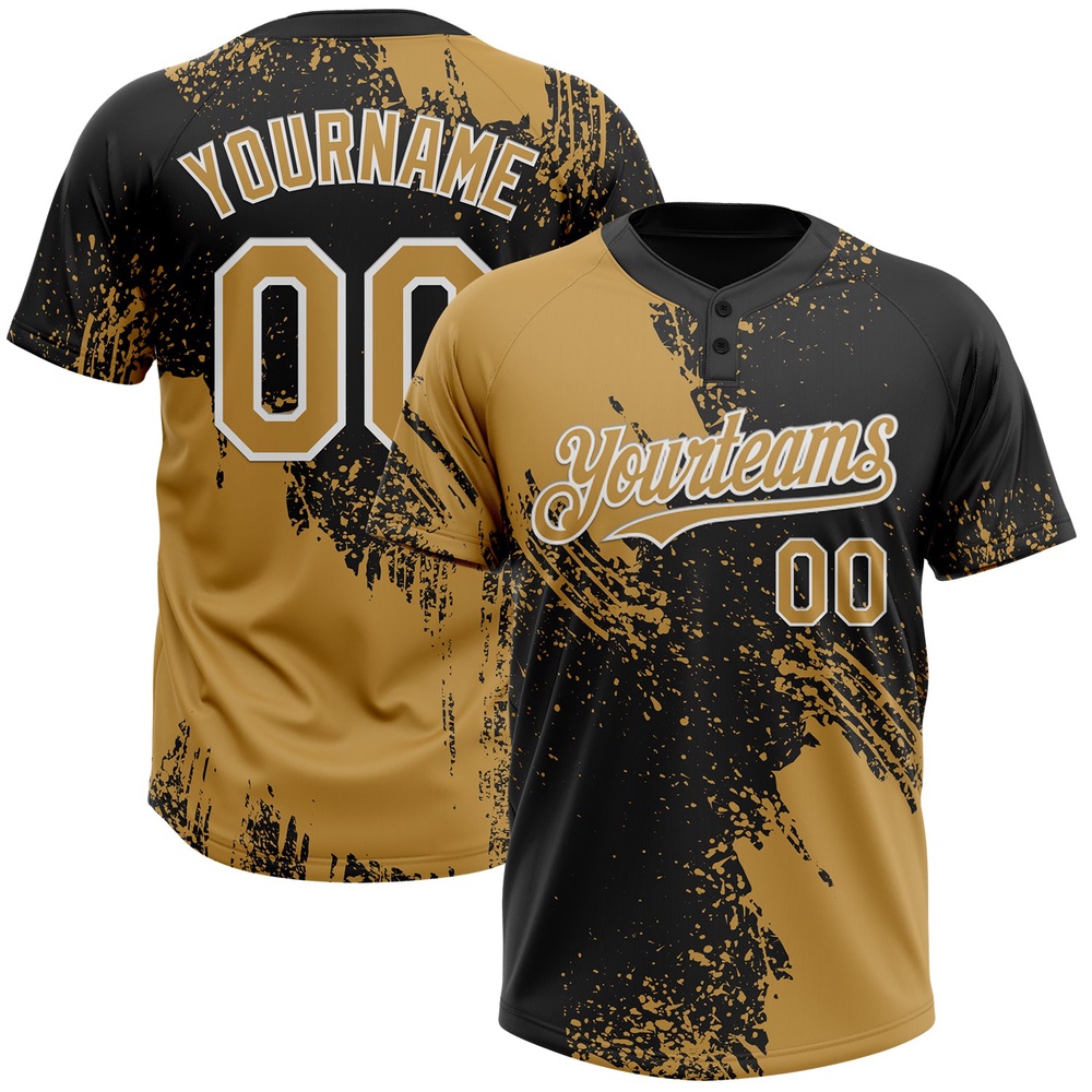 Old Gold Black White 3D Pattern Abstract Brush Stroke Two Button Unisex Softball Jersey, Custom Team Softball Jersey Old Gold Black White 3D Pattern Abstract Brush Stroke Two Button Unisex Softball Jersey, Custom Team Softball Jersey