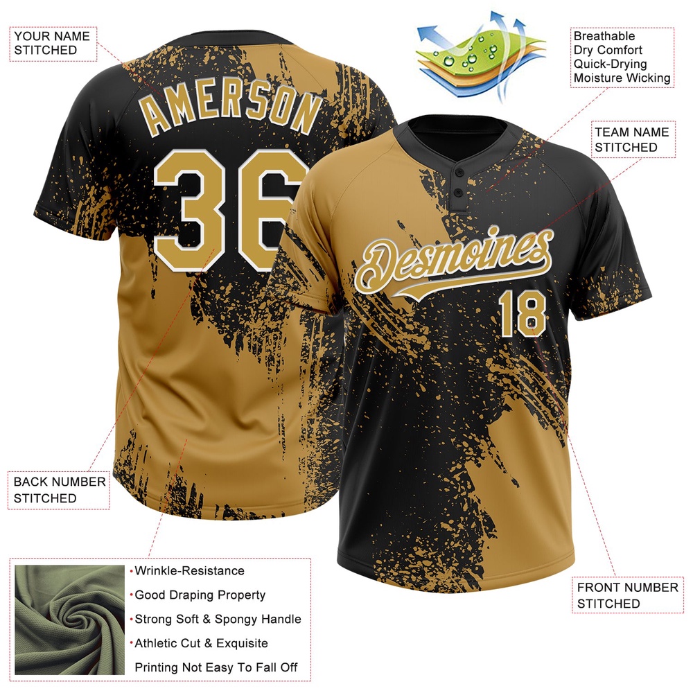 Old Gold Black White 3D Pattern Abstract Brush Stroke Two Button Unisex Softball Jersey, Custom Team Softball Jersey Old Gold Black White 3D Pattern Abstract Brush Stroke Two Button Unisex Softball Jersey, Custom Team Softball Jersey