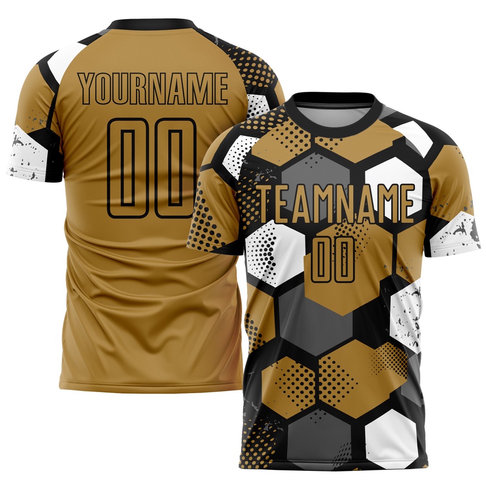 Old Gold Black White Sublimation Soccer Uniform Jersey, Custom Team Soccer Jersey Shirt
