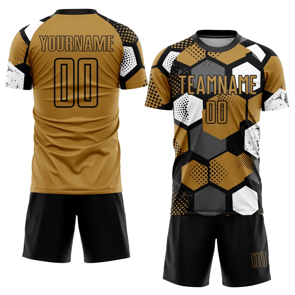 Old Gold Black White Sublimation Soccer Uniform Jersey, Custom Team Soccer Jersey Shirt
