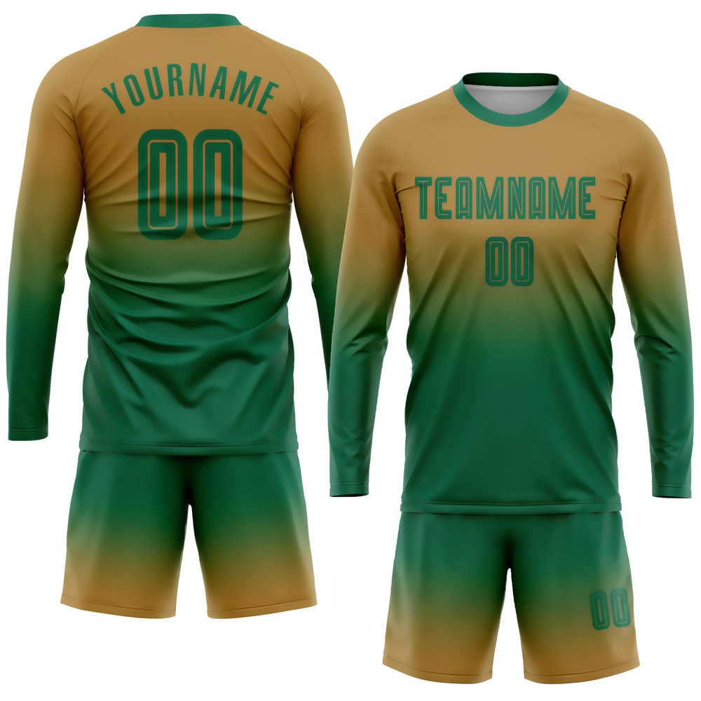 Old Gold Kelly Green Sublimation Long Sleeve Fade Fashion Soccer Uniform Jersey, Custom Team Soccer Jersey Shirt Old Gold Kelly Green Sublimation Long Sleeve Fade Fashion Soccer Uniform Jersey, Custom Team Soccer Jersey Shirt