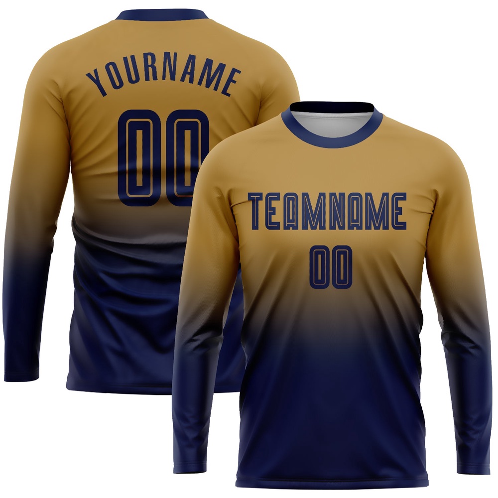 Old Gold Navy Sublimation Long Sleeve Fade Fashion Soccer Uniform Jersey, Custom Team Soccer Jersey Shirt