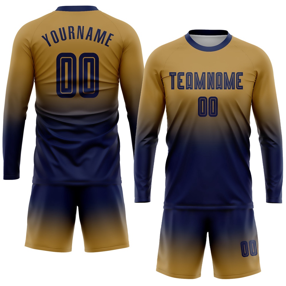 Old Gold Navy Sublimation Long Sleeve Fade Fashion Soccer Uniform Jersey, Custom Team Soccer Jersey Shirt