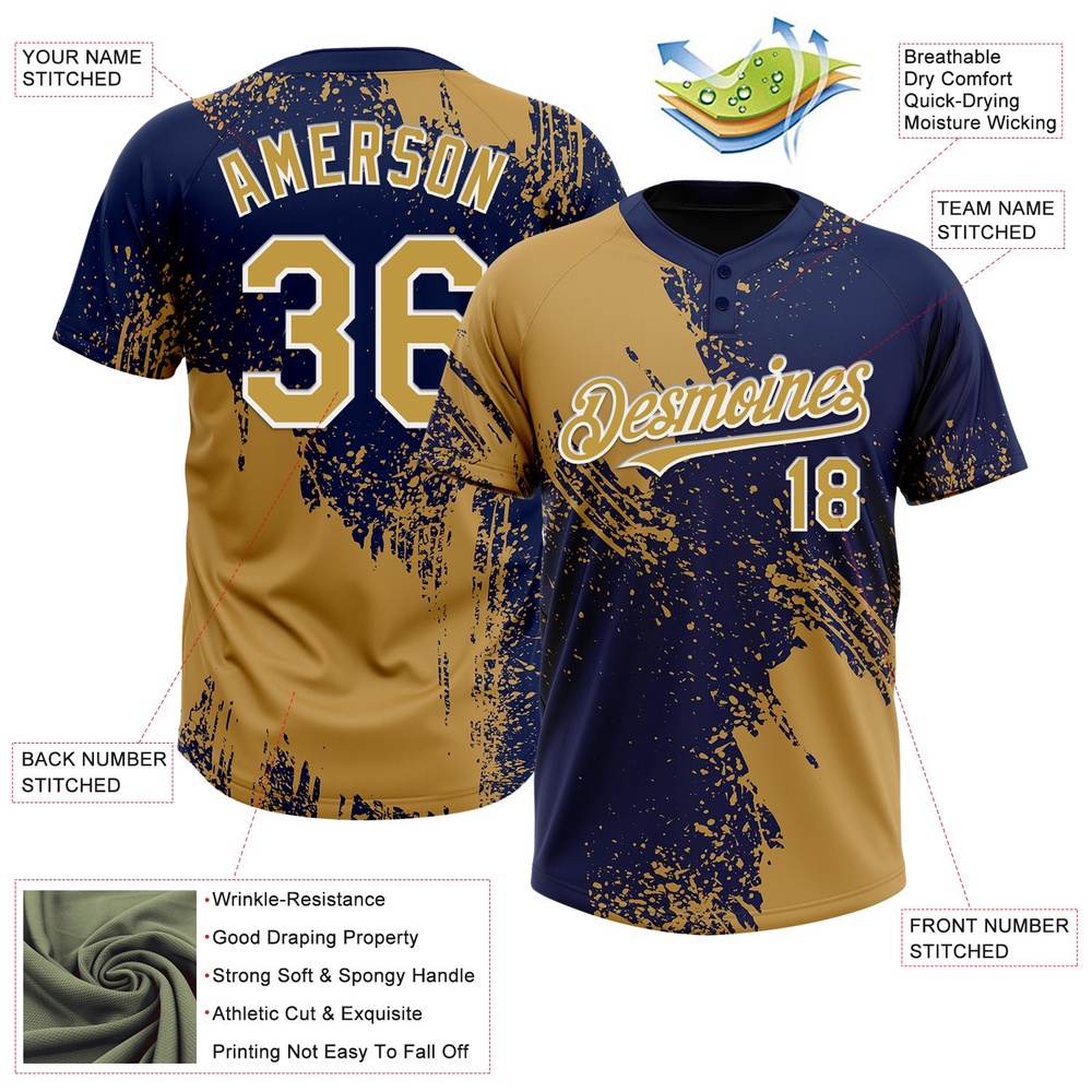 Old Gold Navy White 3D Pattern Abstract Brush Stroke Two Button Unisex Softball Jersey, Custom Team Softball Jersey Old Gold Navy White 3D Pattern Abstract Brush Stroke Two Button Unisex Softball Jersey, Custom Team Softball Jersey