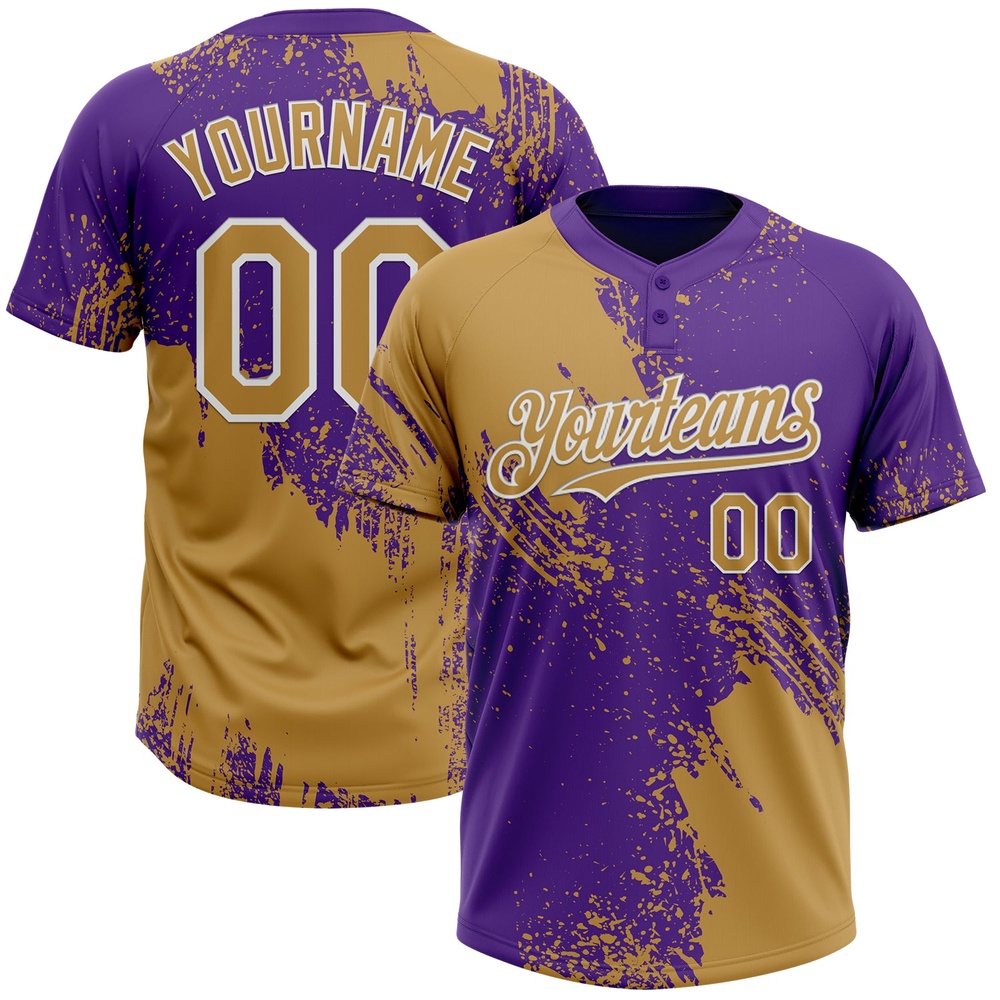 Old Gold Purple White 3D Pattern Abstract Brush Stroke Two Button Unisex Softball Jersey, Custom Team Softball Jersey