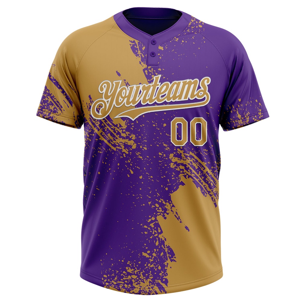 Old Gold Purple White 3D Pattern Abstract Brush Stroke Two Button Unisex Softball Jersey, Custom Team Softball Jersey