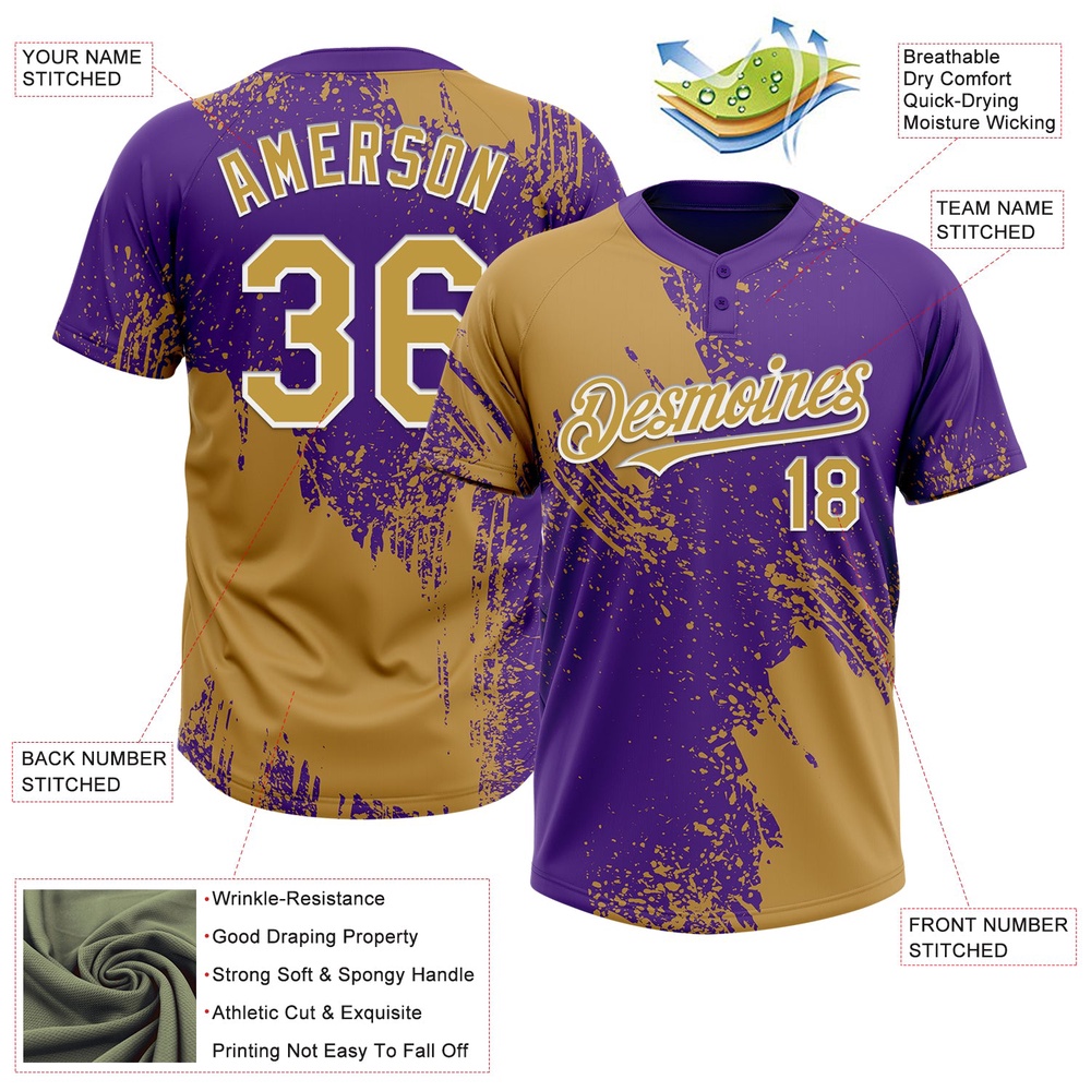Old Gold Purple White 3D Pattern Abstract Brush Stroke Two Button Unisex Softball Jersey, Custom Team Softball Jersey