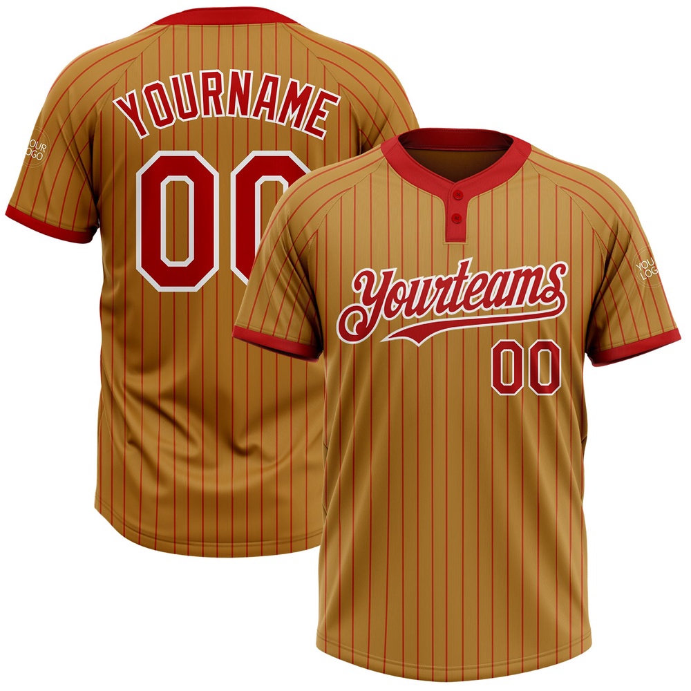 Old Gold Red Pinstripe White Two Button Unisex Softball Jersey, Custom Team Softball Jersey