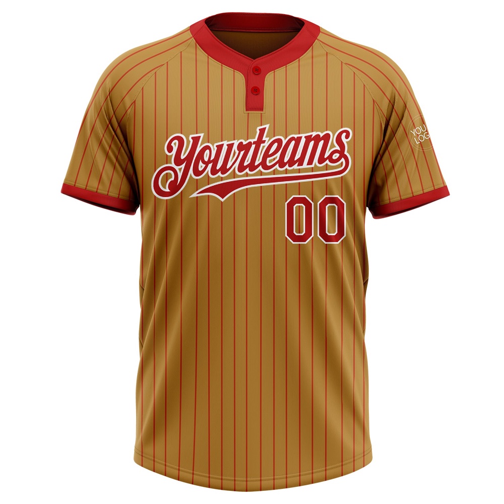 Old Gold Red Pinstripe White Two Button Unisex Softball Jersey, Custom Team Softball Jersey
