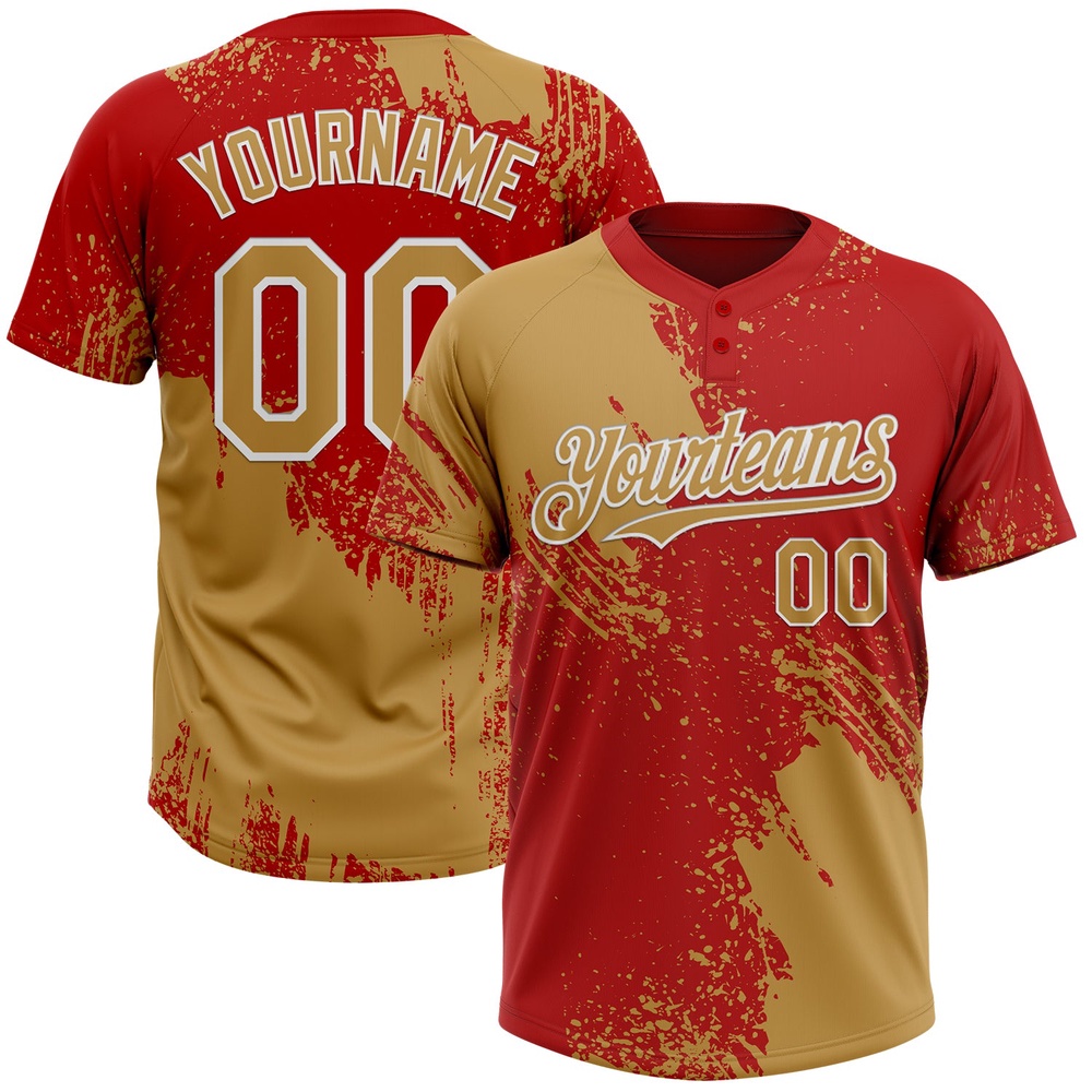 Old Gold Red White 3D Pattern Abstract Brush Stroke Two Button Unisex Softball Jersey, Custom Team Softball Jersey Old Gold Red White 3D Pattern Abstract Brush Stroke Two Button Unisex Softball Jersey, Custom Team Softball Jersey