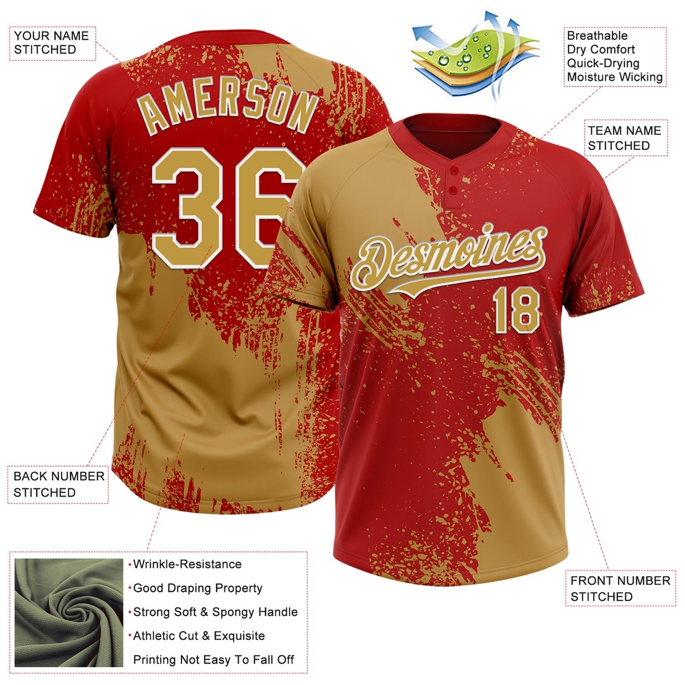 Old Gold Red White 3D Pattern Abstract Brush Stroke Two Button Unisex Softball Jersey, Custom Team Softball Jersey Old Gold Red White 3D Pattern Abstract Brush Stroke Two Button Unisex Softball Jersey, Custom Team Softball Jersey