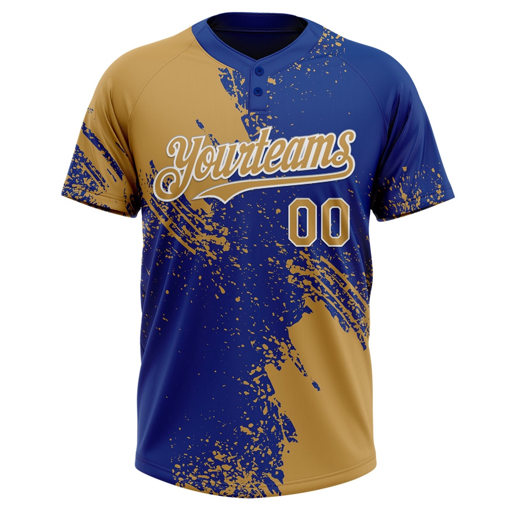 Old Gold Royal White 3D Pattern Abstract Brush Stroke Two Button Unisex Softball Jersey, Custom Team Softball Jersey