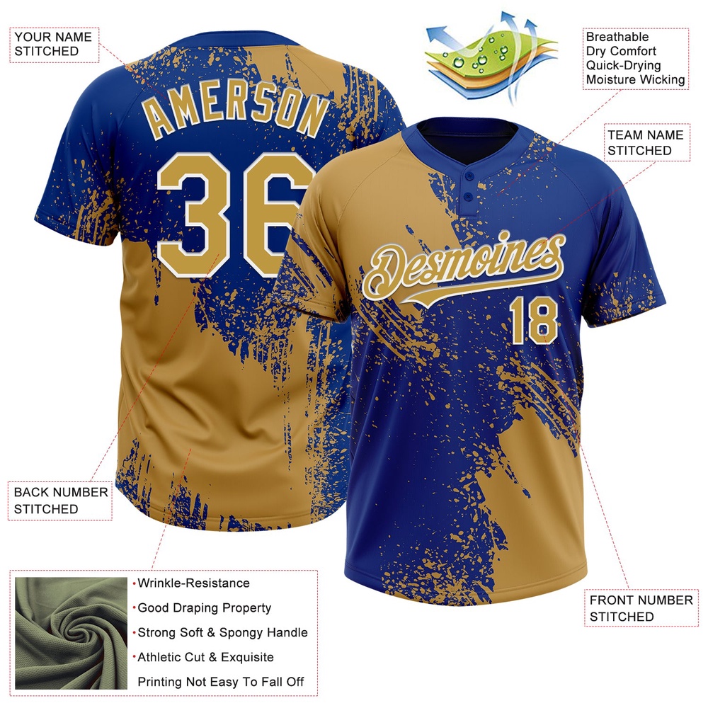 Old Gold Royal White 3D Pattern Abstract Brush Stroke Two Button Unisex Softball Jersey, Custom Team Softball Jersey
