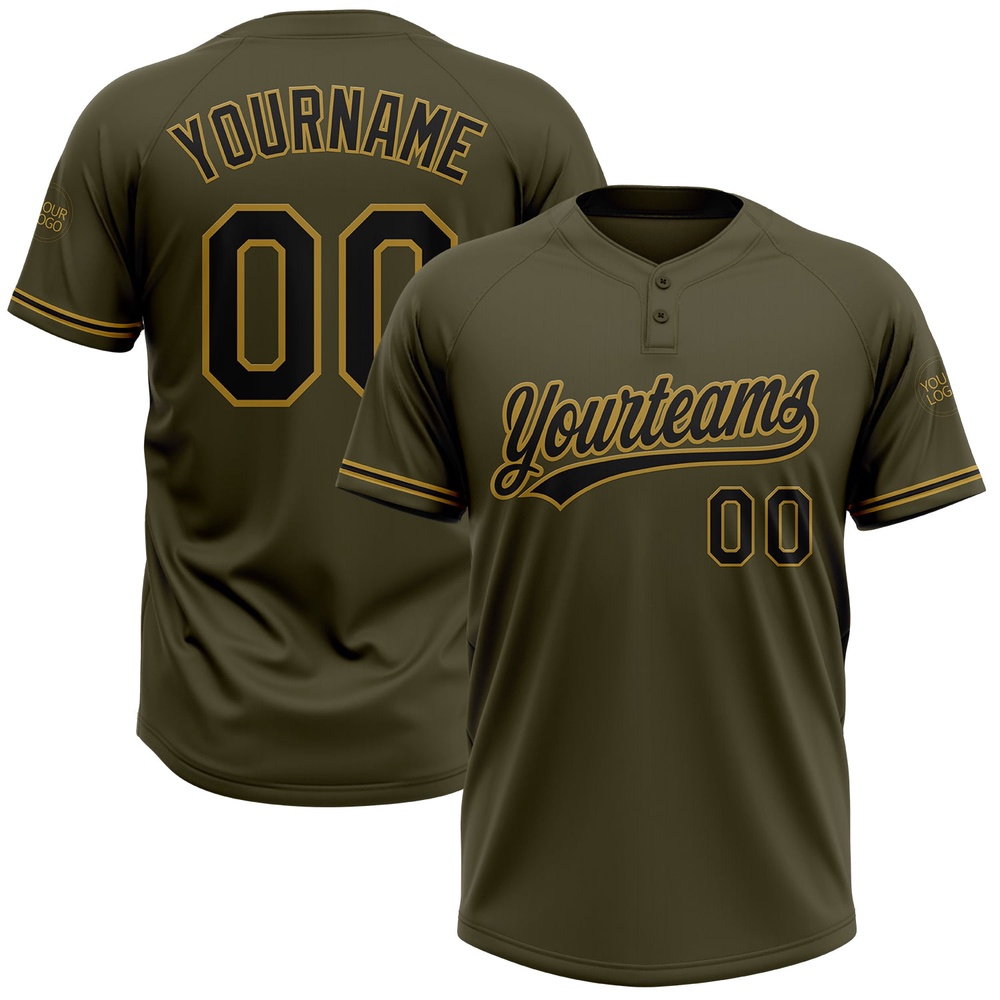 Olive Black Old Gold Salute To Service Two Button Unisex Softball Jersey, Custom Team Softball Jersey Olive Black Old Gold Salute To Service Two Button Unisex Softball Jersey, Custom Team Softball Jersey