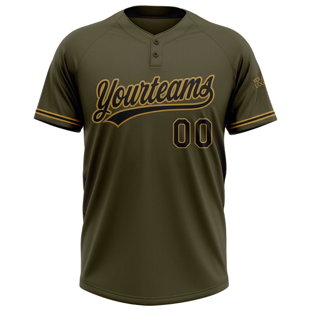 Olive Black Old Gold Salute To Service Two Button Unisex Softball Jersey, Custom Team Softball Jersey Olive Black Old Gold Salute To Service Two Button Unisex Softball Jersey, Custom Team Softball Jersey