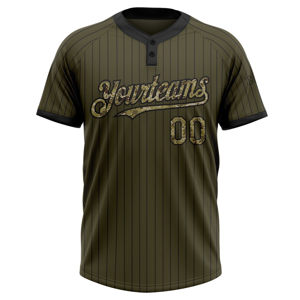 Olive Black Pinstripe Camo Salute To Service Two Button Unisex Softball Jersey, Custom Team Softball Jersey Olive Black Pinstripe Camo Salute To Service Two Button Unisex Softball Jersey, Custom Team Softball Jersey