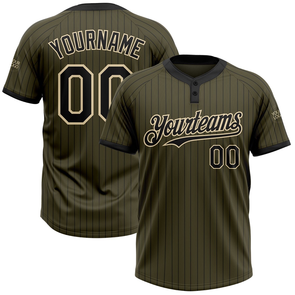 Olive Black Pinstripe Cream Salute To Service Two Button Unisex Softball Jersey, Custom Team Softball Jersey Olive Black Pinstripe Cream Salute To Service Two Button Unisex Softball Jersey, Custom Team Softball Jersey