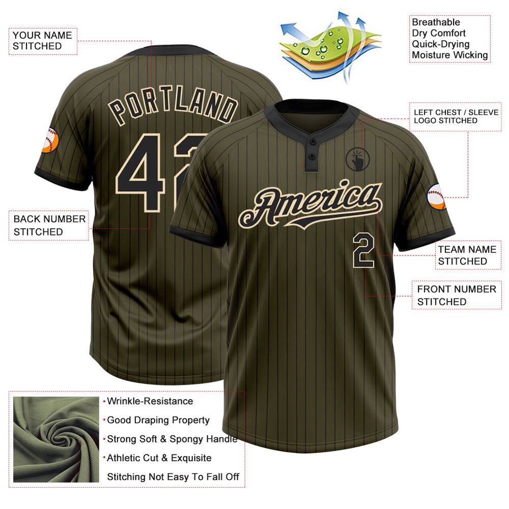 Olive Black Pinstripe Cream Salute To Service Two Button Unisex Softball Jersey, Custom Team Softball Jersey Olive Black Pinstripe Cream Salute To Service Two Button Unisex Softball Jersey, Custom Team Softball Jersey