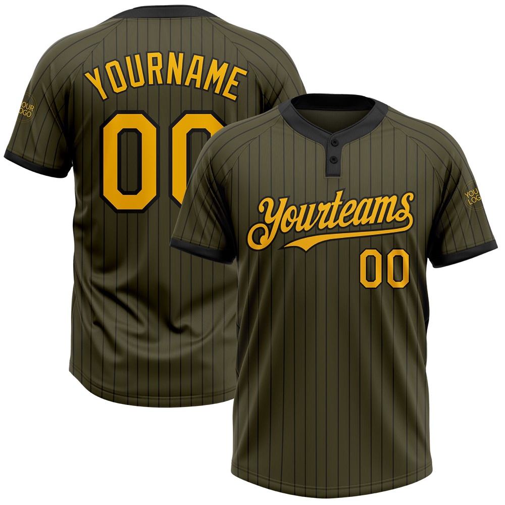 Olive Black Pinstripe Gold Salute To Service Two Button Unisex Softball Jersey, Custom Team Softball Jersey Olive Black Pinstripe Gold Salute To Service Two Button Unisex Softball Jersey, Custom Team Softball Jersey