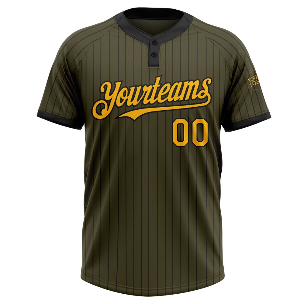 Olive Black Pinstripe Gold Salute To Service Two Button Unisex Softball Jersey, Custom Team Softball Jersey Olive Black Pinstripe Gold Salute To Service Two Button Unisex Softball Jersey, Custom Team Softball Jersey