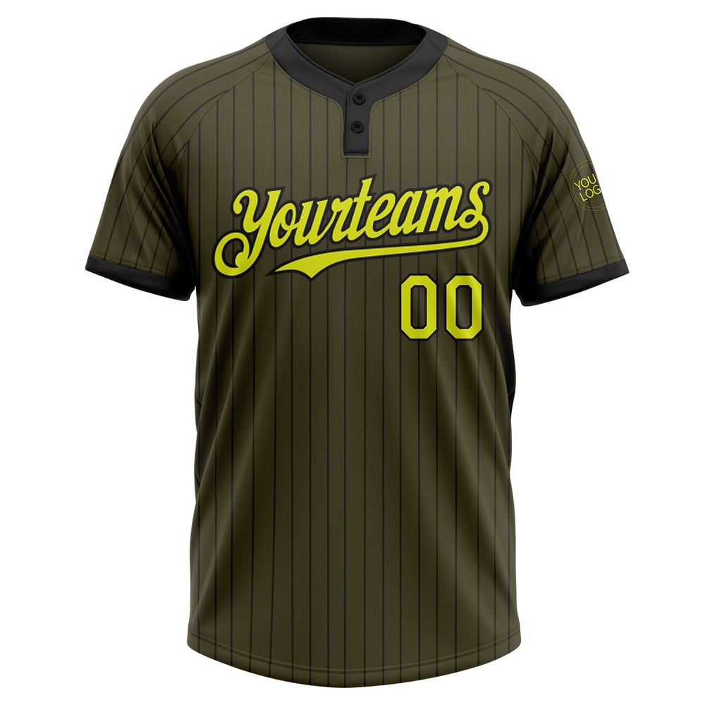 Olive Black Pinstripe Neon Yellow Salute To Service Two Button Unisex Softball Jersey, Custom Team Softball Jersey Olive Black Pinstripe Neon Yellow Salute To Service Two Button Unisex Softball Jersey, Custom Team Softball Jersey