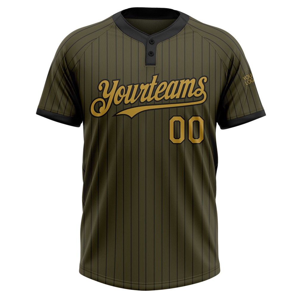 Olive Black Pinstripe Old Gold Salute To Service Two Button Unisex Softball Jersey, Custom Team Softball Jersey Olive Black Pinstripe Old Gold Salute To Service Two Button Unisex Softball Jersey, Custom Team Softball Jersey