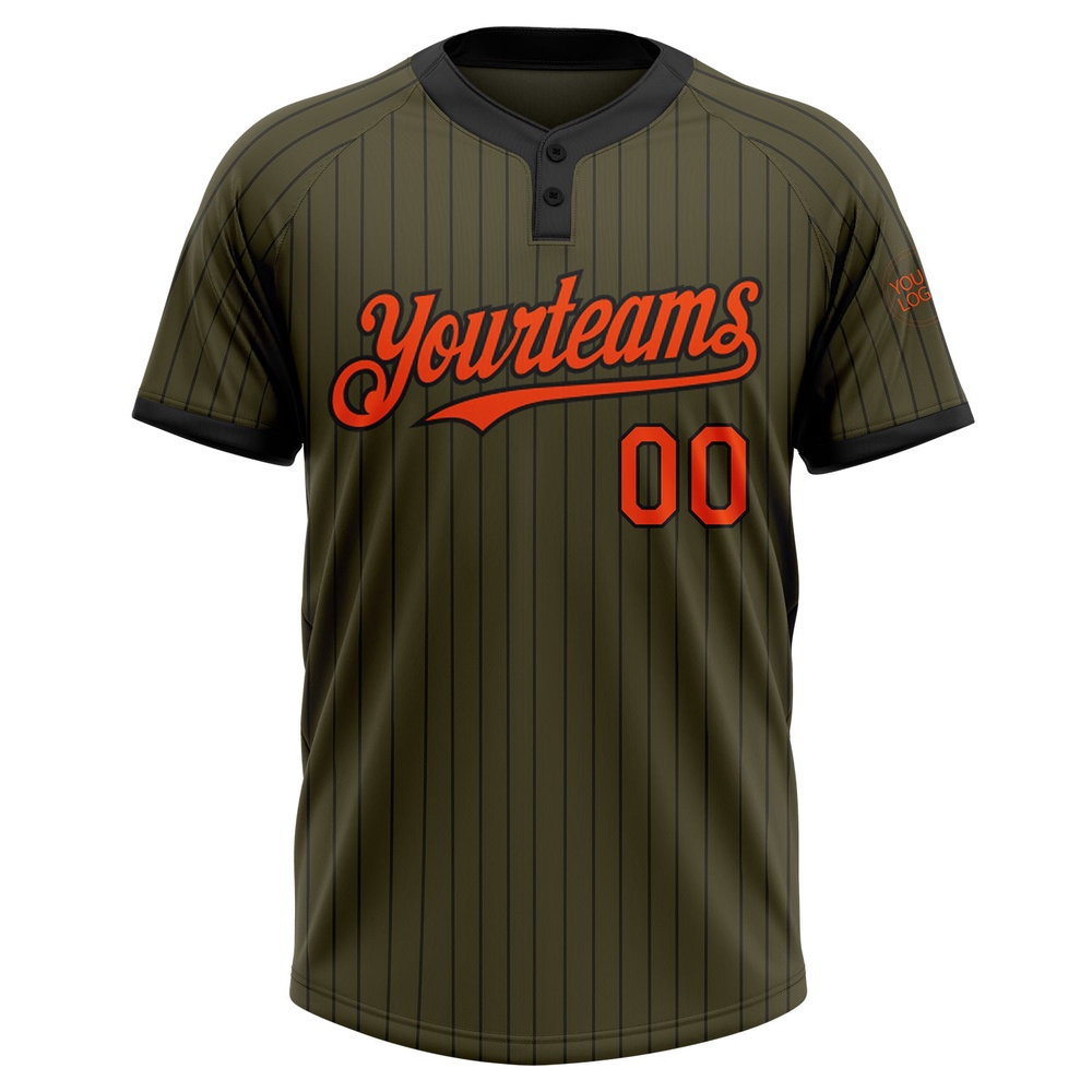 Olive Black Pinstripe Orange Salute To Service Two Button Unisex Softball Jersey, Custom Team Softball Jersey Olive Black Pinstripe Orange Salute To Service Two Button Unisex Softball Jersey, Custom Team Softball Jersey