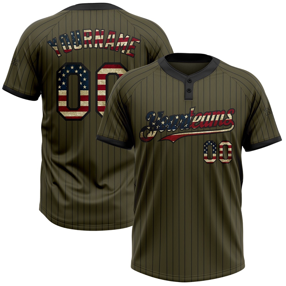 Olive Black Pinstripe Vintage USA Flag Salute To Service Two Button Unisex Softball Jersey, Custom Team Softball Jersey Olive Black Pinstripe Vintage USA Flag Salute To Service Two Button Unisex Softball Jersey, Custom Team Softball Jersey