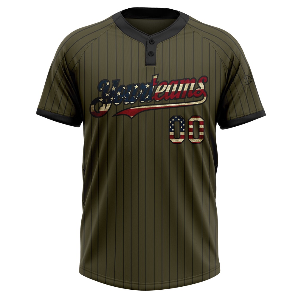 Olive Black Pinstripe Vintage USA Flag Salute To Service Two Button Unisex Softball Jersey, Custom Team Softball Jersey Olive Black Pinstripe Vintage USA Flag Salute To Service Two Button Unisex Softball Jersey, Custom Team Softball Jersey