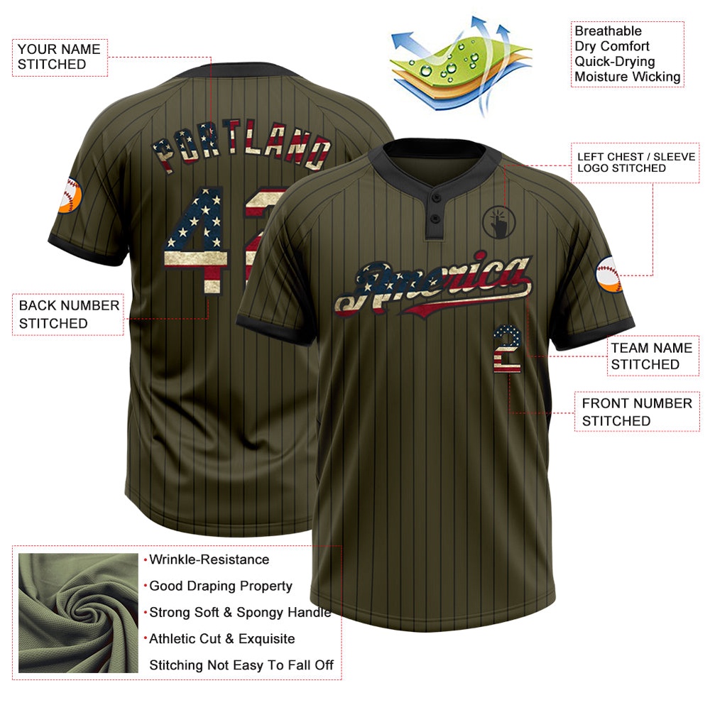 Olive Black Pinstripe Vintage USA Flag Salute To Service Two Button Unisex Softball Jersey, Custom Team Softball Jersey Olive Black Pinstripe Vintage USA Flag Salute To Service Two Button Unisex Softball Jersey, Custom Team Softball Jersey