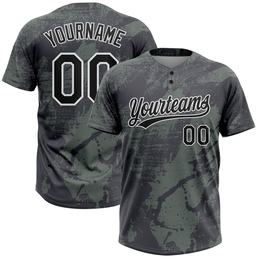 Olive Black White 3D Pattern Salute To Service Two Button Unisex Softball Jersey, Custom Team Softball Jersey