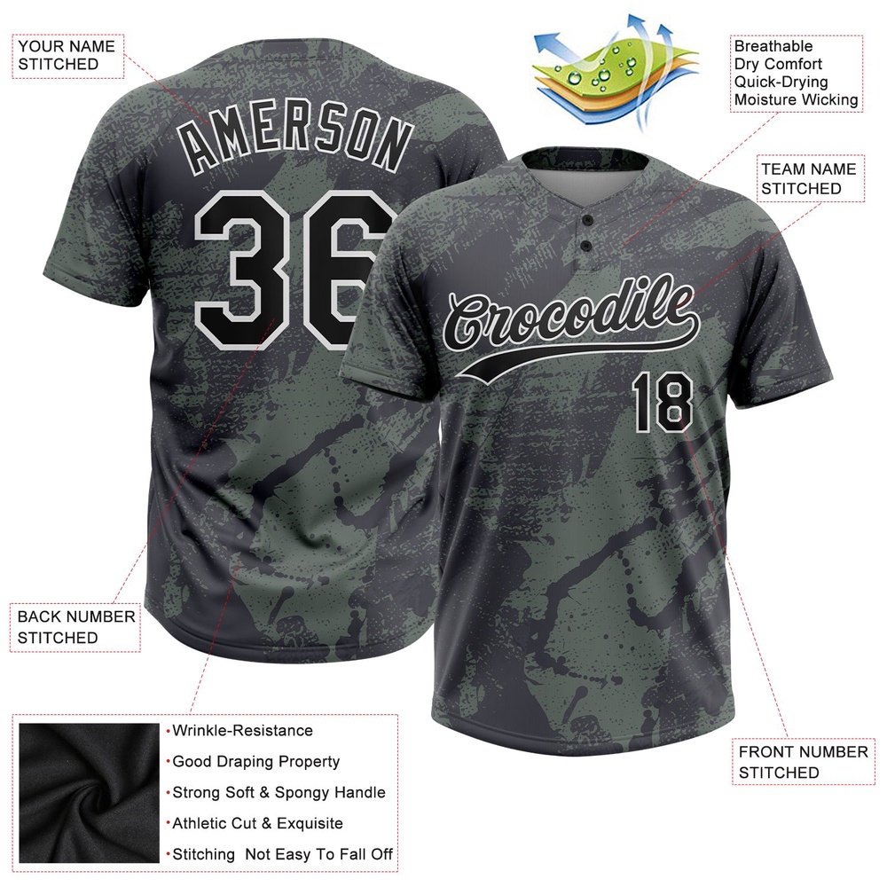 Olive Black White 3D Pattern Salute To Service Two Button Unisex Softball Jersey, Custom Team Softball Jersey
