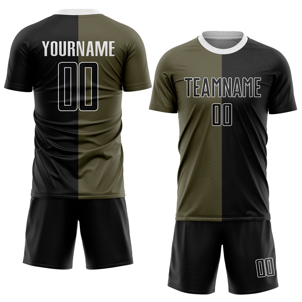 Olive Black White Sublimation Split Fashion Salute To Service Soccer Uniform Jersey, Custom Team Soccer Jersey Shirt