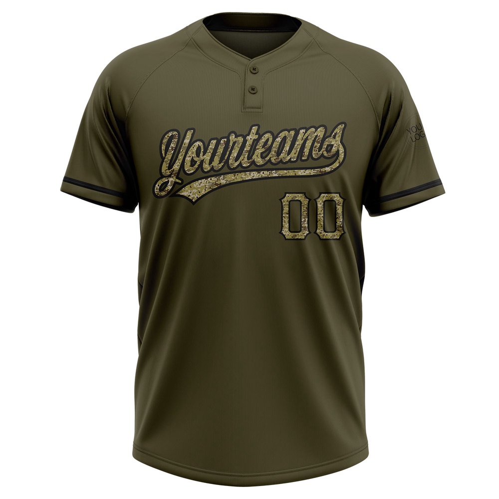 Olive Camo Black Salute To Service Two Button Unisex Softball Jersey, Custom Team Softball Jersey