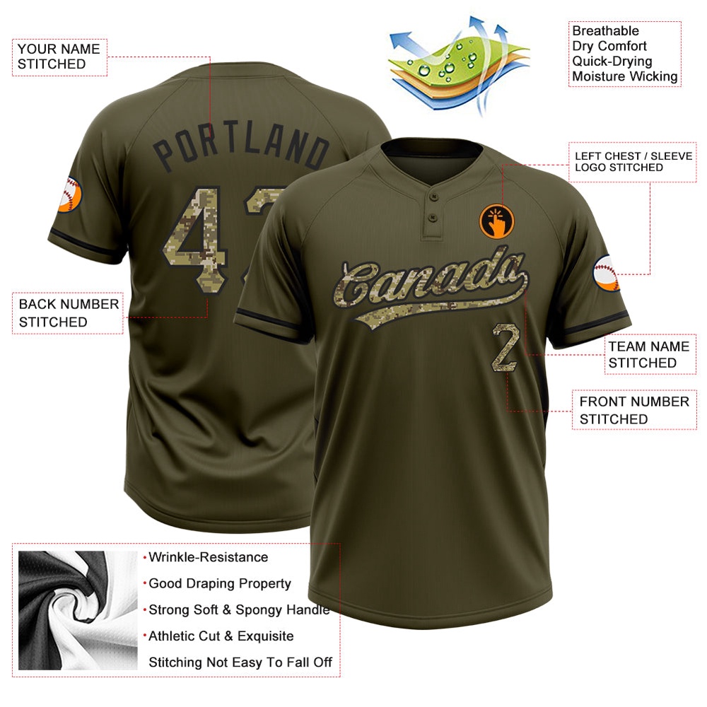 Olive Camo Black Salute To Service Two Button Unisex Softball Jersey, Custom Team Softball Jersey