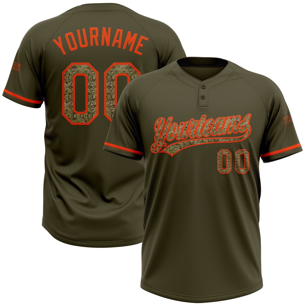 Olive Camo Orange Salute To Service Two Button Unisex Softball Jersey, Custom Team Softball Jersey