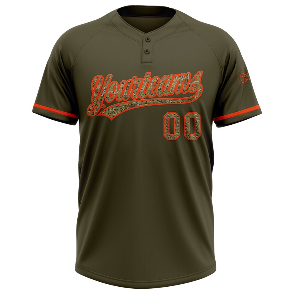 Olive Camo Orange Salute To Service Two Button Unisex Softball Jersey, Custom Team Softball Jersey