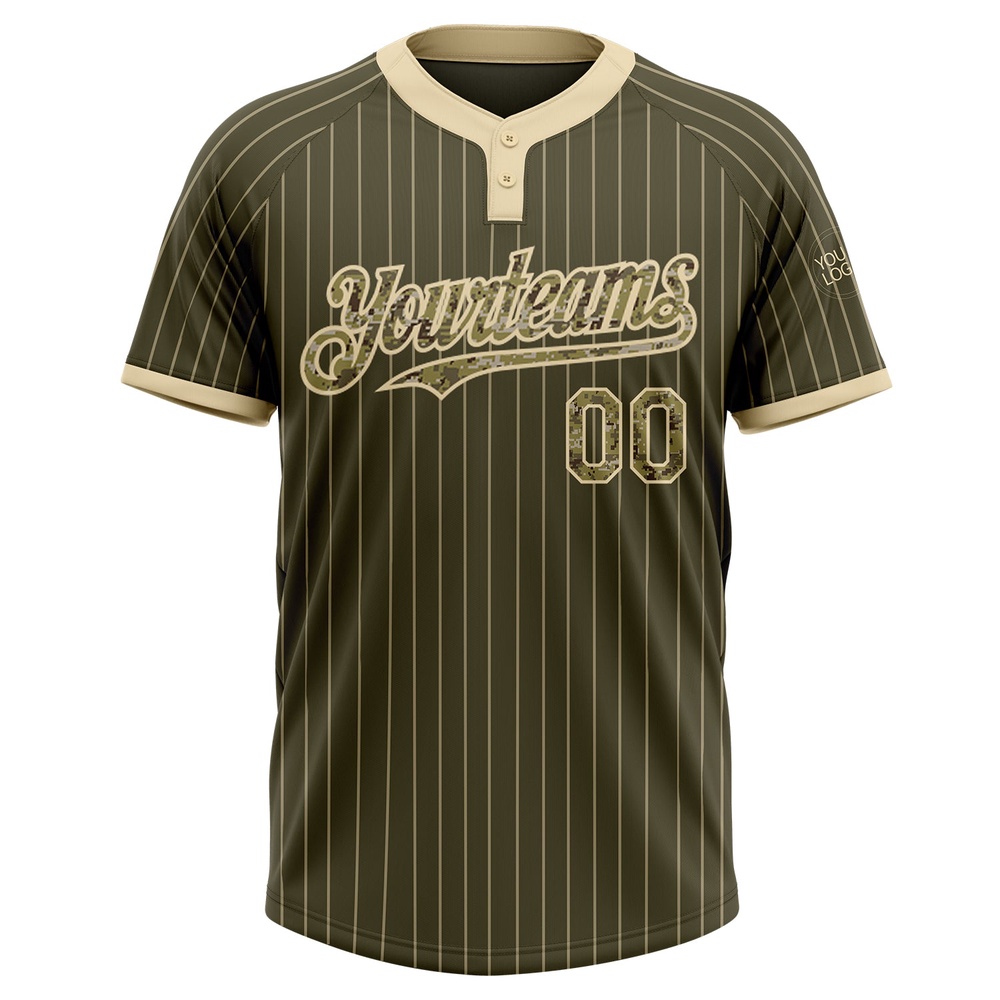 Olive Cream Pinstripe Camo Salute To Service Two Button Unisex Softball Jersey, Custom Team Softball Jersey