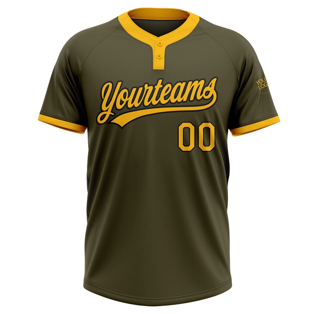 Olive Gold Black Salute To Service Two Button Unisex Softball Jersey, Custom Team Softball Jersey