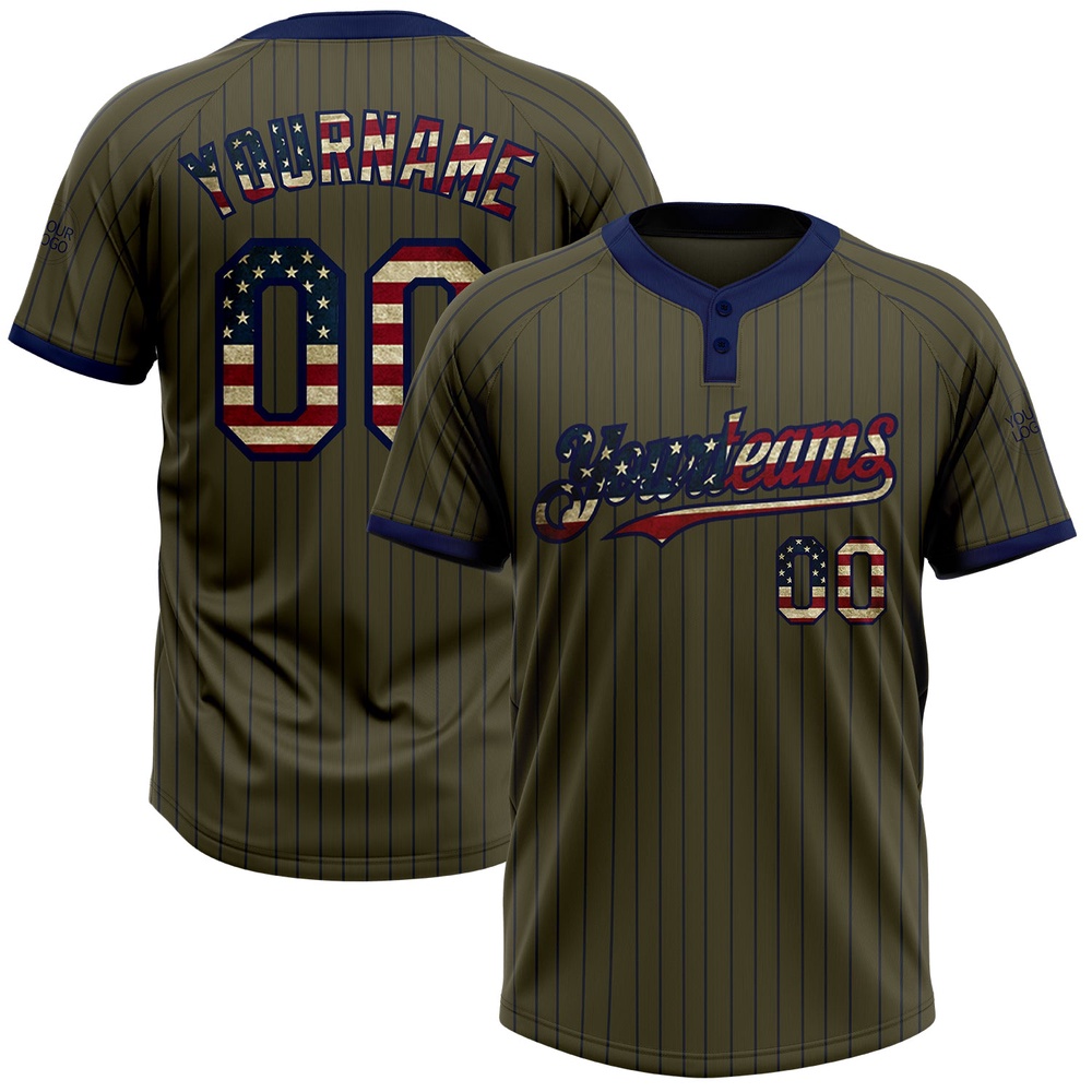 Olive Navy Pinstripe Vintage USA Flag Salute To Service Two Button Unisex Softball Jersey, Custom Team Softball Jersey