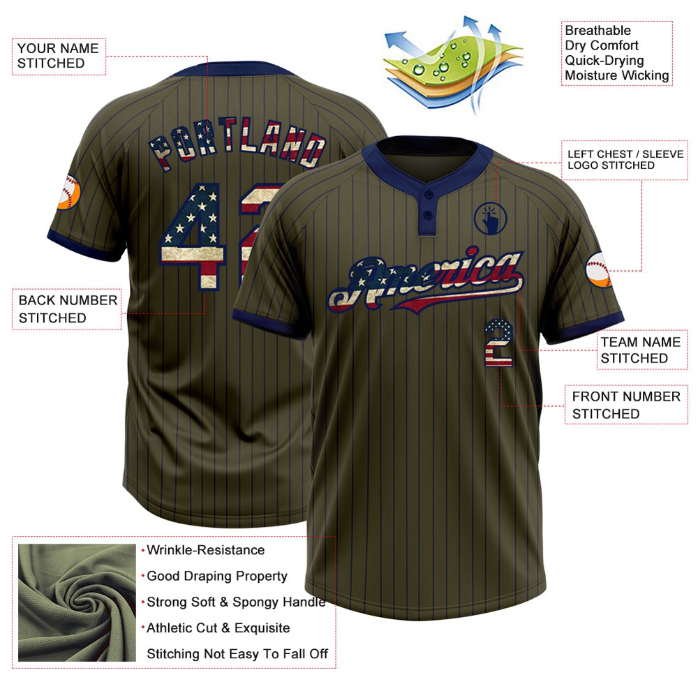 Olive Navy Pinstripe Vintage USA Flag Salute To Service Two Button Unisex Softball Jersey, Custom Team Softball Jersey