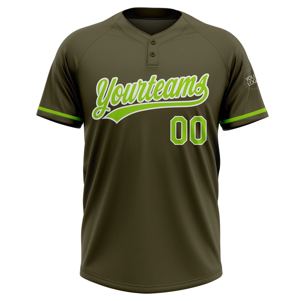 Olive Neon Green White Salute To Service Two Button Unisex Softball Jersey, Custom Team Softball Jersey