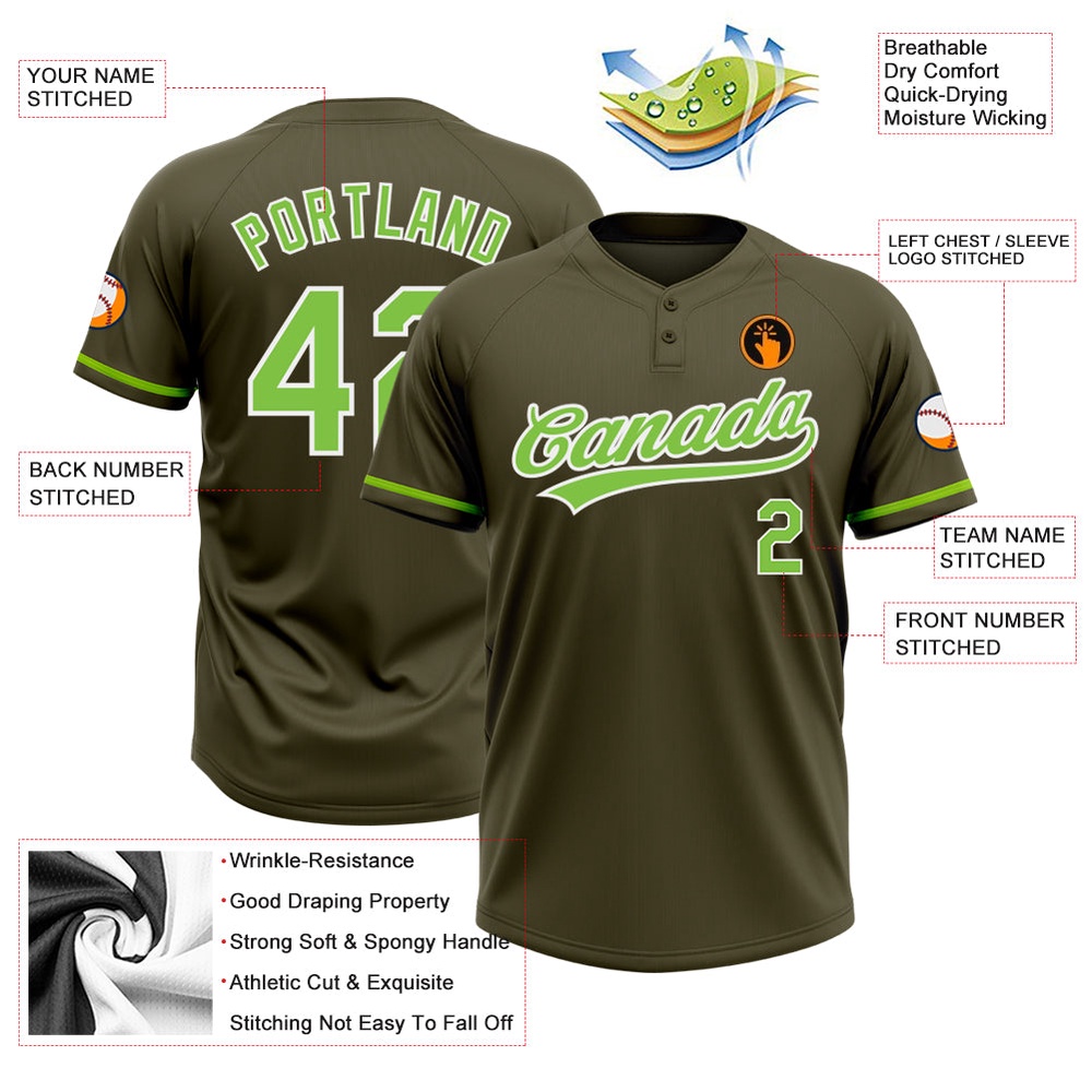 Olive Neon Green White Salute To Service Two Button Unisex Softball Jersey, Custom Team Softball Jersey