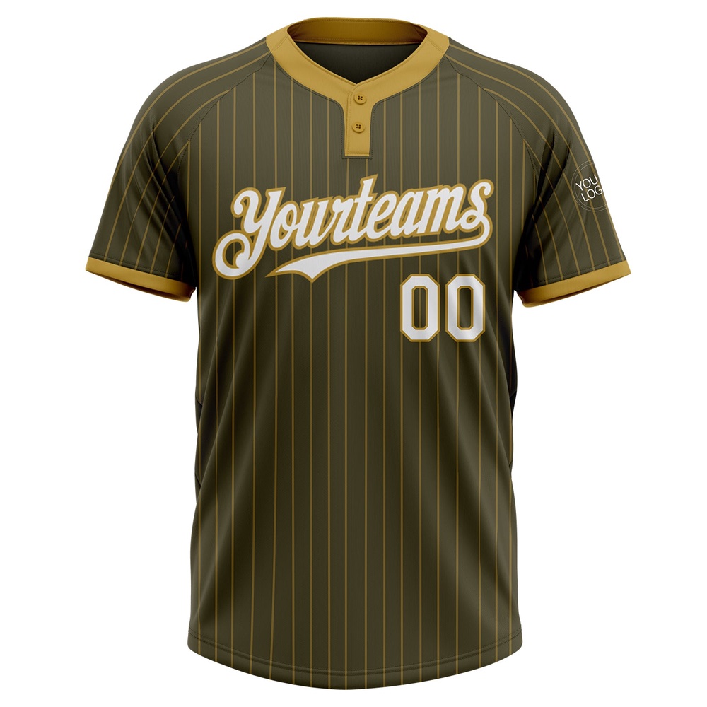 Olive Old Gold Pinstripe White Salute To Service Two Button Unisex Softball Jersey, Custom Team Softball Jersey