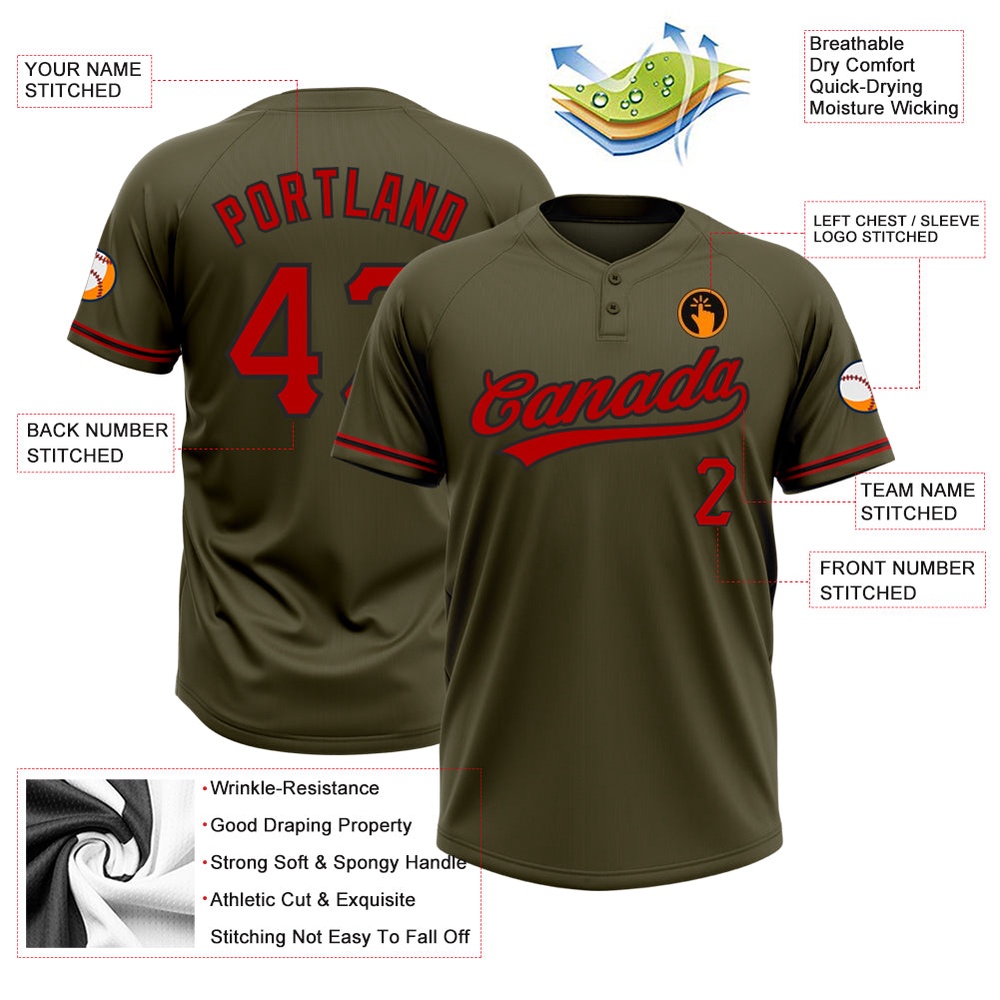 Olive Red Black Salute To Service Two Button Unisex Softball Jersey, Custom Team Softball Jersey Olive Red Black Salute To Service Two Button Unisex Softball Jersey, Custom Team Softball Jersey