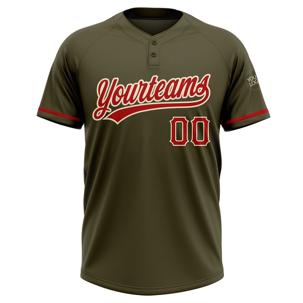 Olive Red Cream Salute To Service Two Button Unisex Softball Jersey, Custom Team Softball Jersey Olive Red Cream Salute To Service Two Button Unisex Softball Jersey, Custom Team Softball Jersey