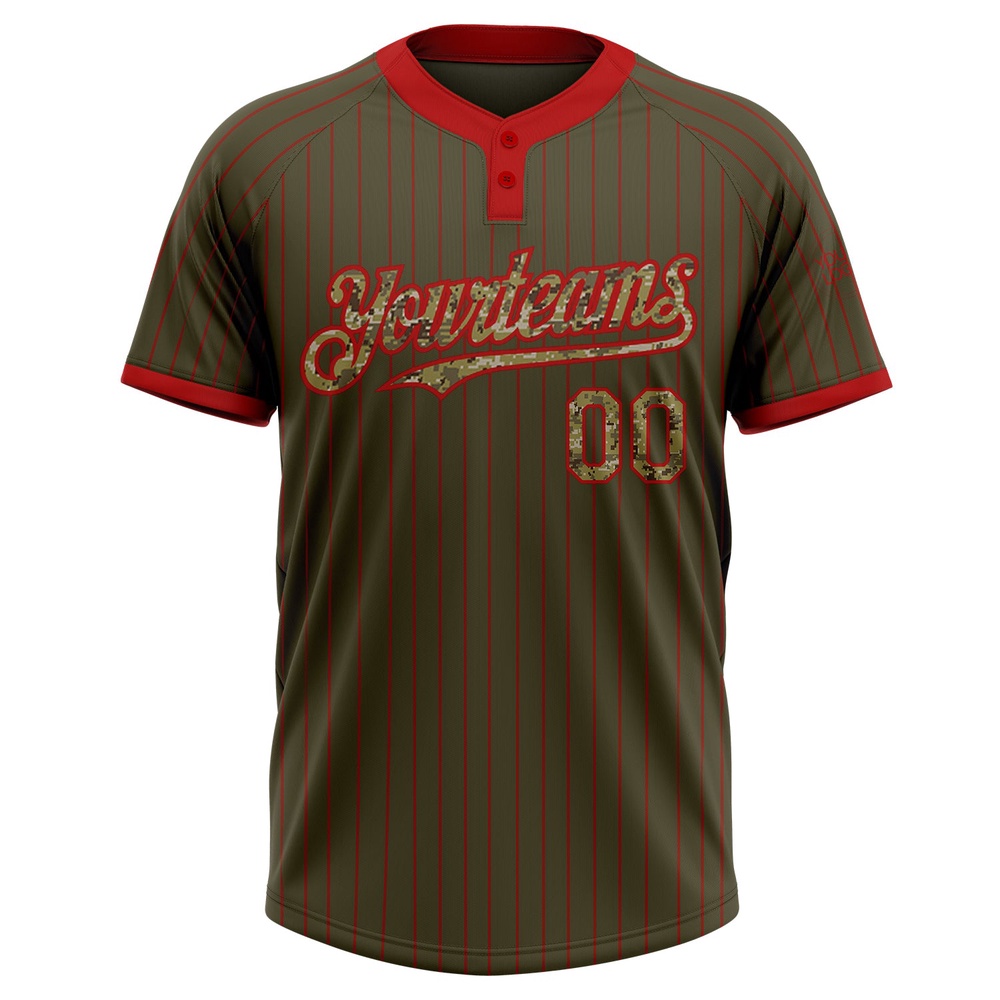 Olive Red Pinstripe Camo Salute To Service Two Button Unisex Softball Jersey, Custom Team Softball Jersey
