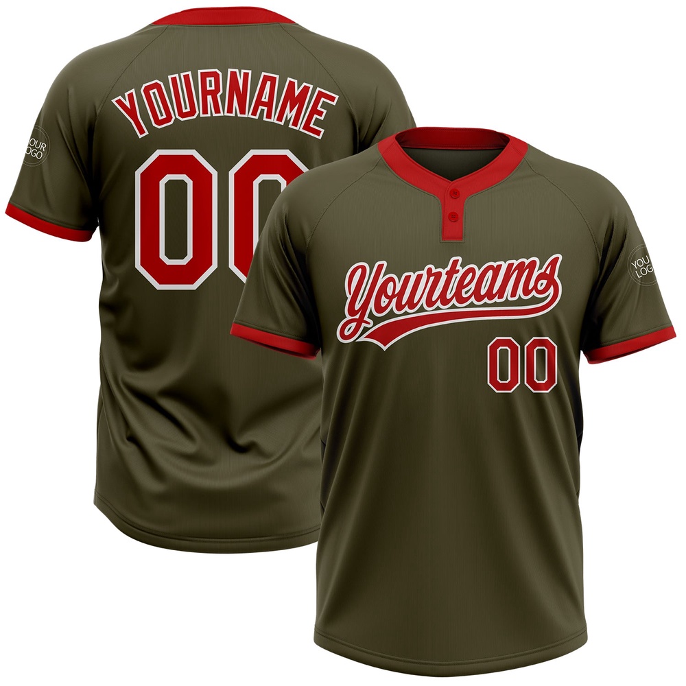 Olive Red White Salute To Service Two Button Unisex Softball Jersey, Custom Team Softball Jersey Olive Red White Salute To Service Two Button Unisex Softball Jersey, Custom Team Softball Jersey